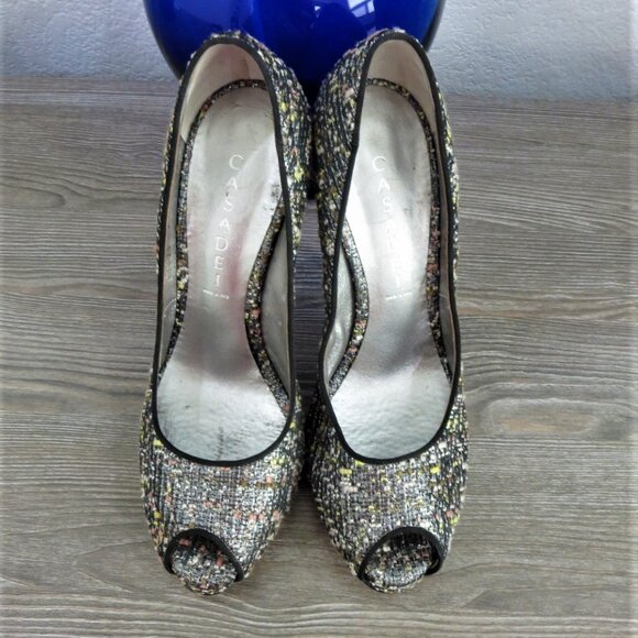 Near New Casadei Tweed Stiletto High Heels Peep Toe 9 Black Silver - Picture 2 of 16
